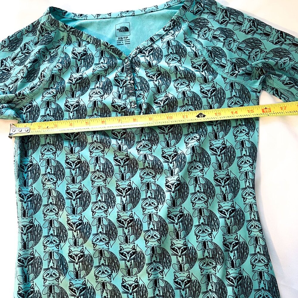 North Face Women's Base Layer Fox Print Long Sleeve Snap Button Teal Shirt XS - Picture 6 of 7